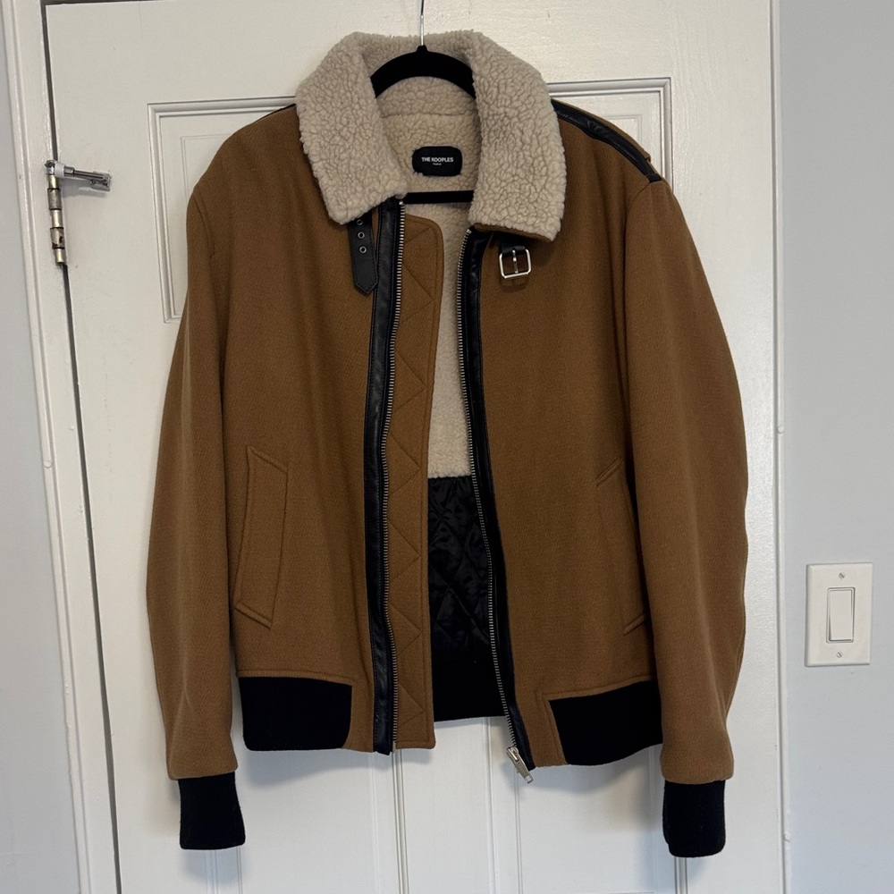 NWT The Kooples Tan Bomber Jacket with Cream Shearling Collar